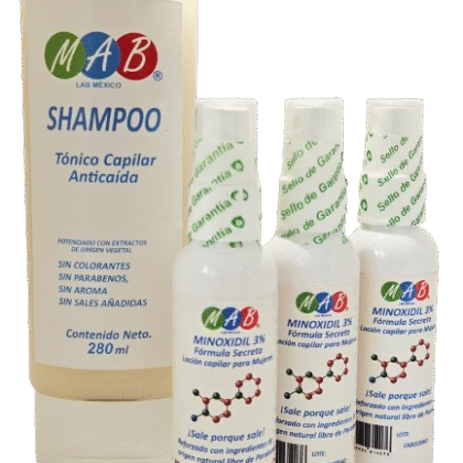 Kit 1 shampoo fortificante anticaída de 280 ml + 3 lociones de Minoxidil 60 ml